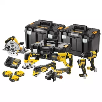 DEWALT 18V XR 7-Tool Combo Kit DCK706P3T with 3x5.0Ah Batteries, Charger, and 3 TSTAK Cases (DCD805, DCF850, DCS355, DCH263, DCG405, DCS572, DCS334)