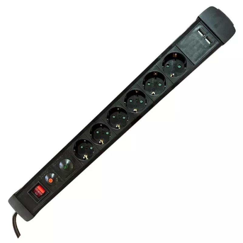 M-CAB SOCKET STRIP 6S PVC 1.5M 2U BK SURGE AND OVERLOAD PROTECTION