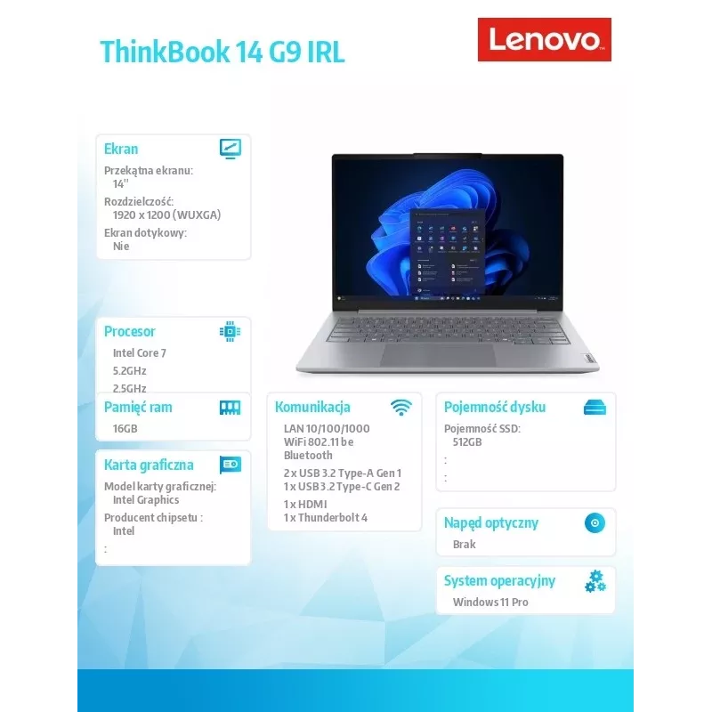 Laptop Lenovo ThinkBook 14 G9 IRL Intel Core 7 240H 16GB 512GB SSD 14.0 inch WUXGA Arctic Grey Windows 11 Pro 3Y Onsite + 1Y CID + CO2 Offset