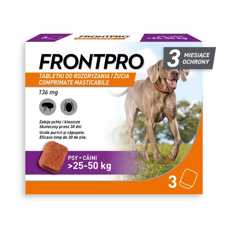 FRONTPRO Flea and Tick Tablets for Dogs (25-50 kg) - 3x 136 mg Afoxolaner Chewable Tablets