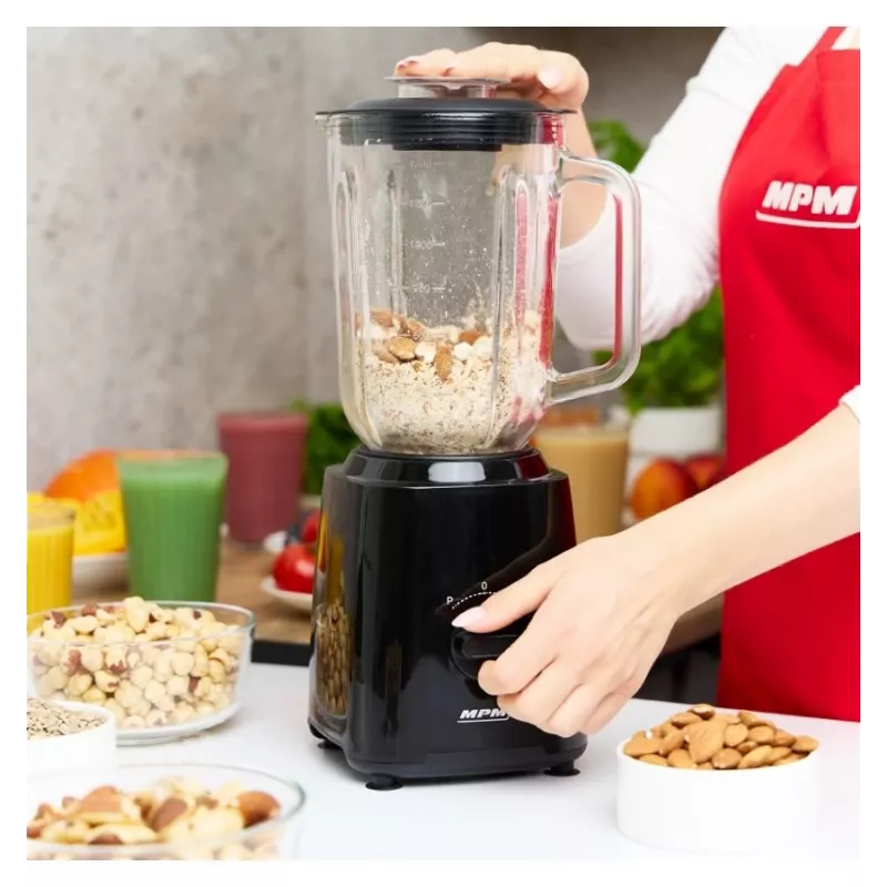 MPM MBL-37 Blender, 500 W, 1.5 L Glass Jug, Stainless Steel Blade, 2 Speeds, Pulse Function, Ice Crushing, Black