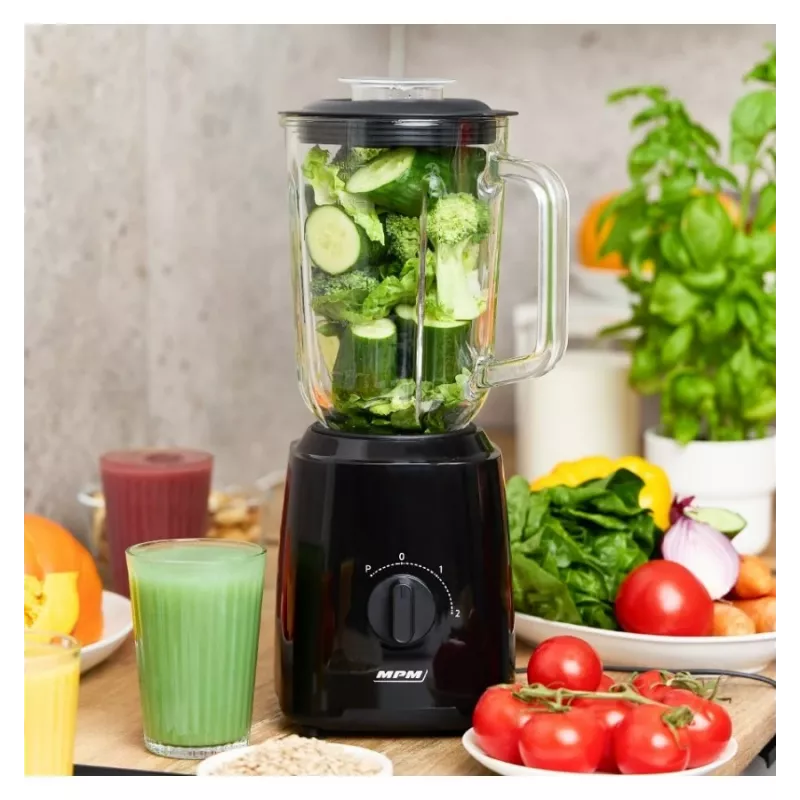MPM MBL-37 Blender, 500 W, 1.5 L Glass Jug, Stainless Steel Blade, 2 Speeds, Pulse Function, Ice Crushing, Black