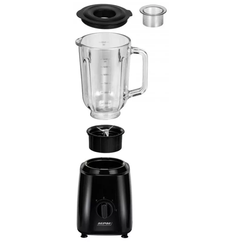 MPM MBL-37 Blender, 500 W, 1.5 L Glass Jug, Stainless Steel Blade, 2 Speeds, Pulse Function, Ice Crushing, Black