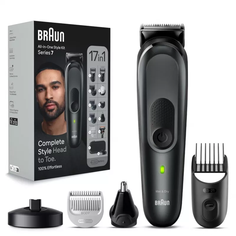Braun MGK7491 17-in-1 Multi-Grooming Style Kit, Black/Silver, Cordless, Li-Ion, 100 min Runtime