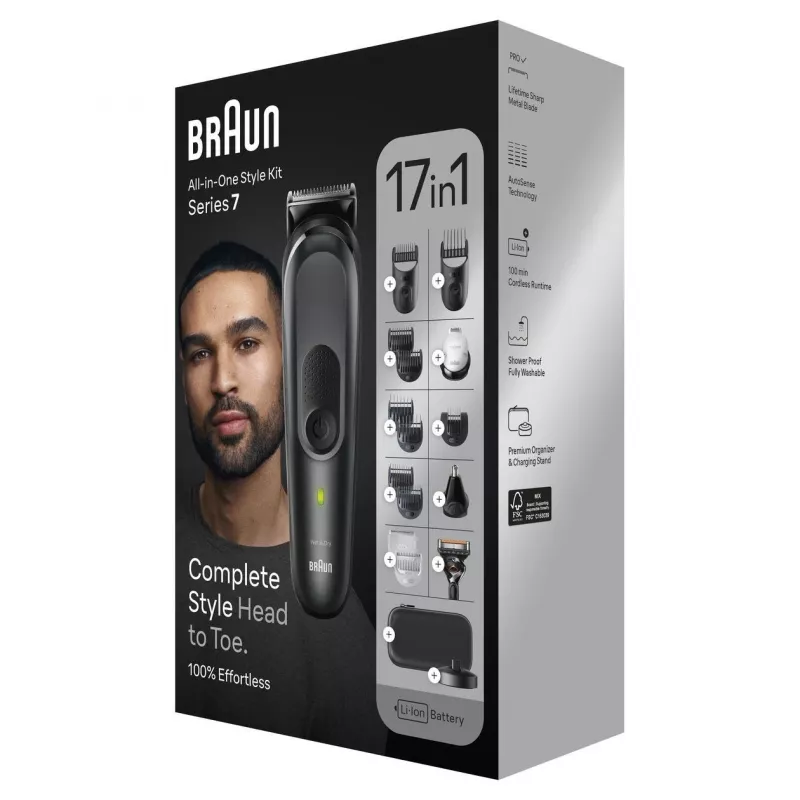 Braun MGK7491 17-in-1 Multi-Grooming Style Kit, Black/Silver, Cordless, Li-Ion, 100 min Runtime
