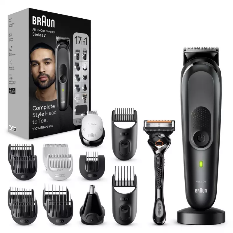 Braun MGK7491 17-in-1 Multi-Grooming Style Kit, Black/Silver, Cordless, Li-Ion, 100 min Runtime