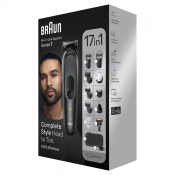 Braun MGK7491 17-in-1 Multi-Grooming Style Kit, Black/Silver, Cordless, Li-Ion, 100 min Runtime