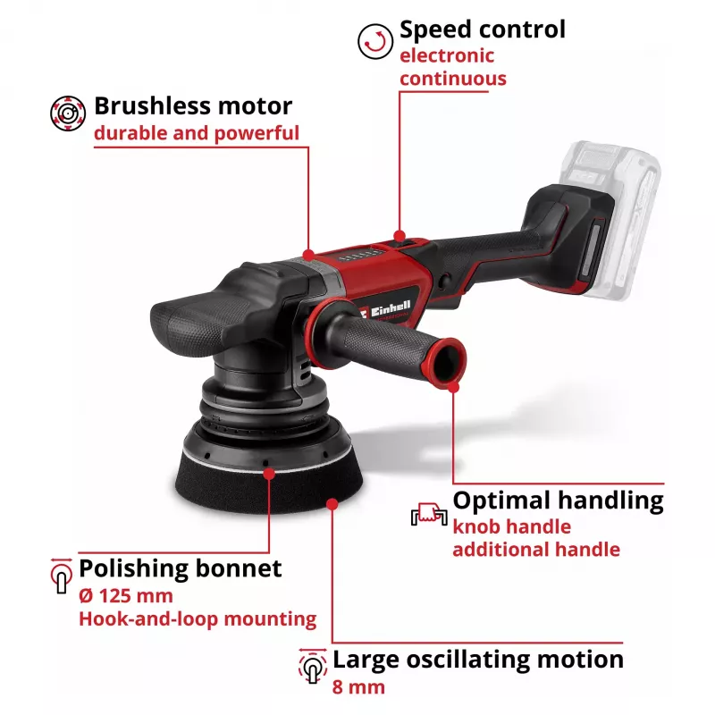 EINHELL Professional Cordless Random Orbital Polisher CP-EP 18/125 Li BL-Solo, 18V, 125mm, Red/Black, Bare Tool