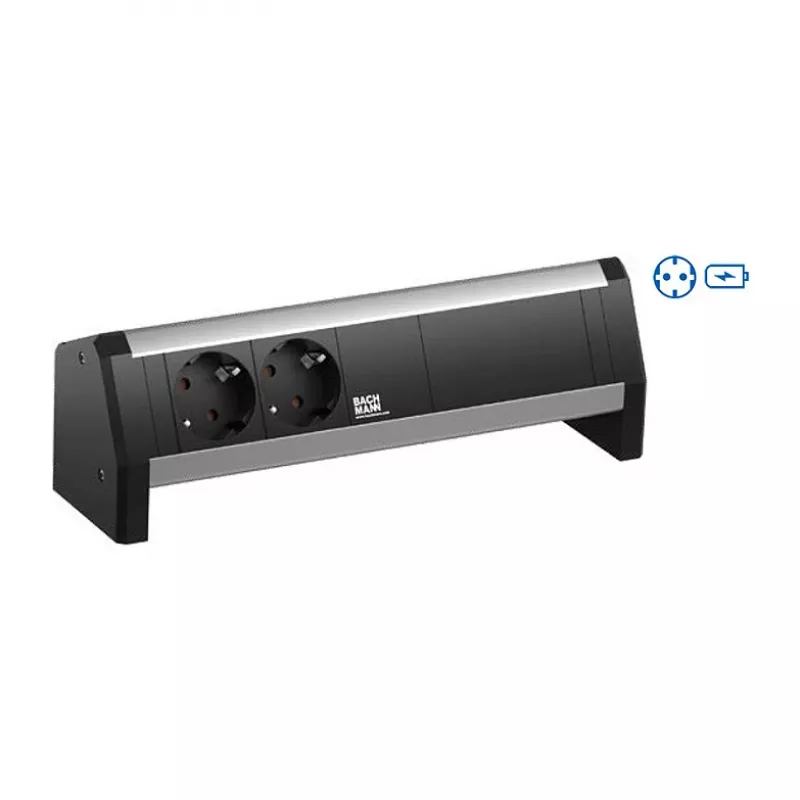 Bachmann DESK 2x Schuko (Type F) Power Strip with USB-C 30W Charger, Aluminium/Plastic, 2m Cable