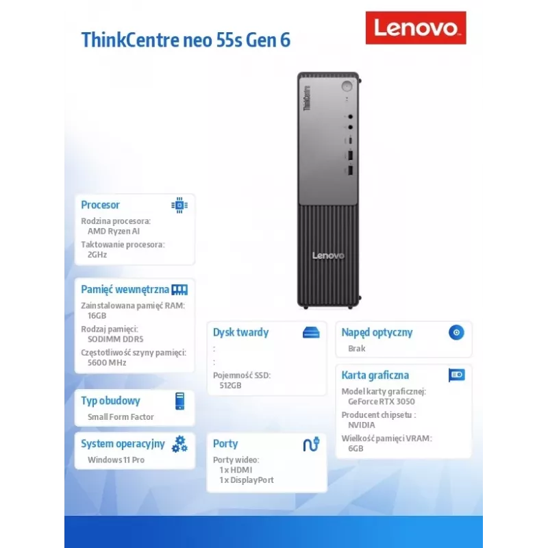Lenovo ThinkCentre Neo 55s Gen 6 Small Form Factor Desktop PC, AMD Ryzen AI 5 330, 16GB DDR5, 512GB SSD, NVIDIA GeForce RTX 3050 6GB, Windows 11 Pro, Raven Black