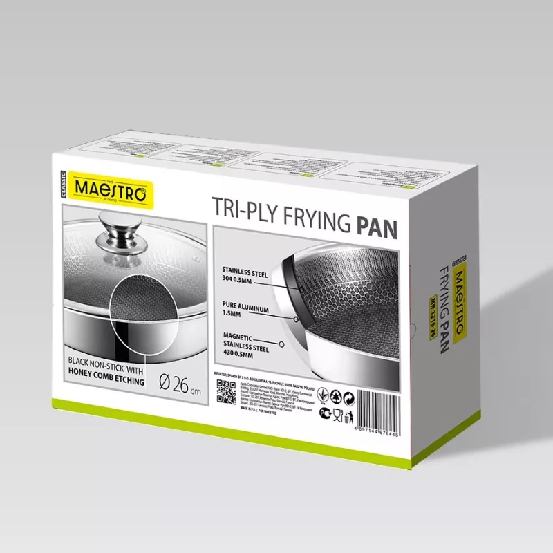 Maestro MR-1216-26 Frying Pan with Lid 26 cm Cast Aluminum Marble Non-Stick Induction Compatible Black/Grey