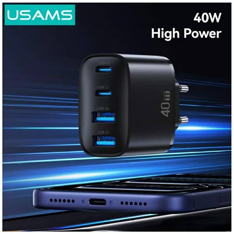 USAMS T70 40W 2xUSB-A 2xUSB-C Black Wall Charger