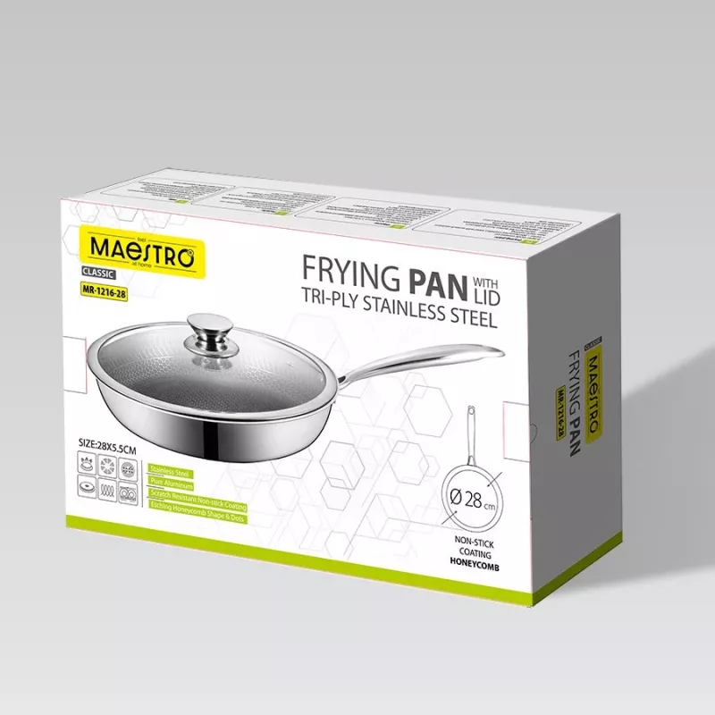Maestro MR-1216-28 Frying Pan with Lid 28 cm, Non-stick Marble Coating, Induction Compatible, Black/Grey