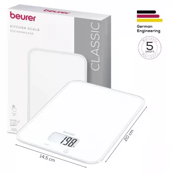 Beurer KS 19 Pure White Digital Kitchen Scale with Sensor Touch Buttons, 5 kg Capacity, 1 g Graduation, Tara Function, LCD Display