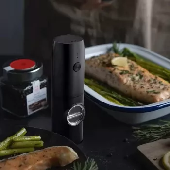 PROMIS MP35X2 Electric Salt and Pepper Mill Set with Stand, Stainless Steel/Silver, 2x 220mm, Ceramic Grinder, Battery Operated, LED Light