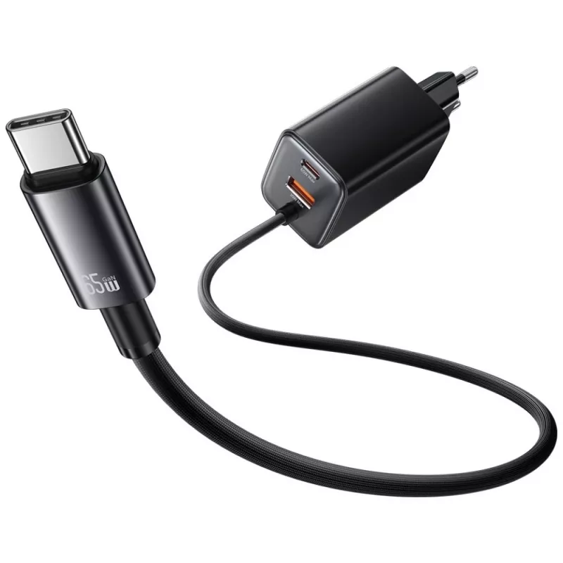USAMS JC Series CC266 65W GaN Fast Charger with Built-in USB-C Cable, Black