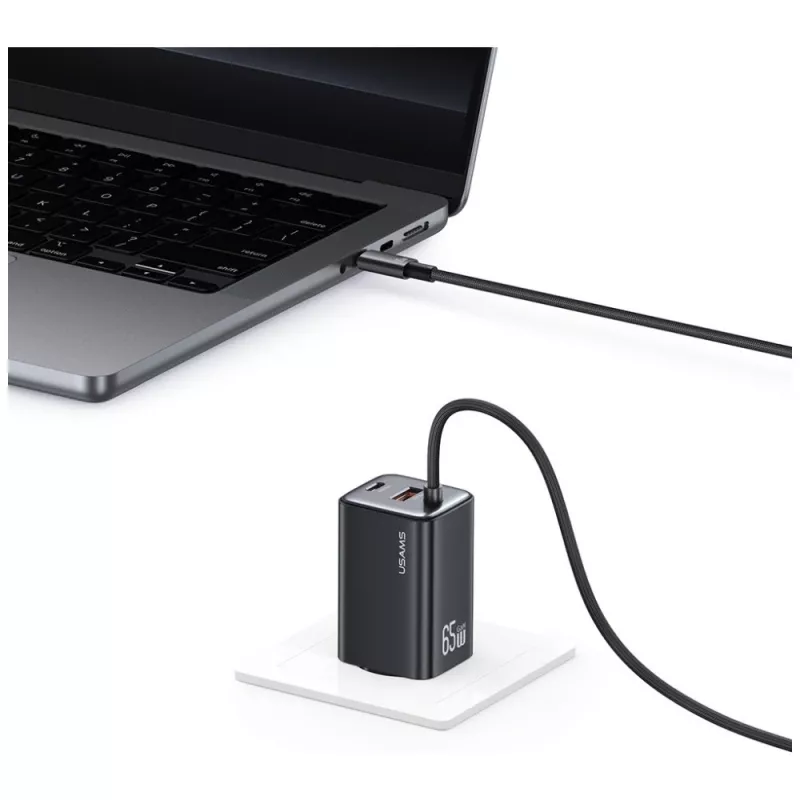 USAMS JC Series CC266 65W GaN Fast Charger with Built-in USB-C Cable, Black