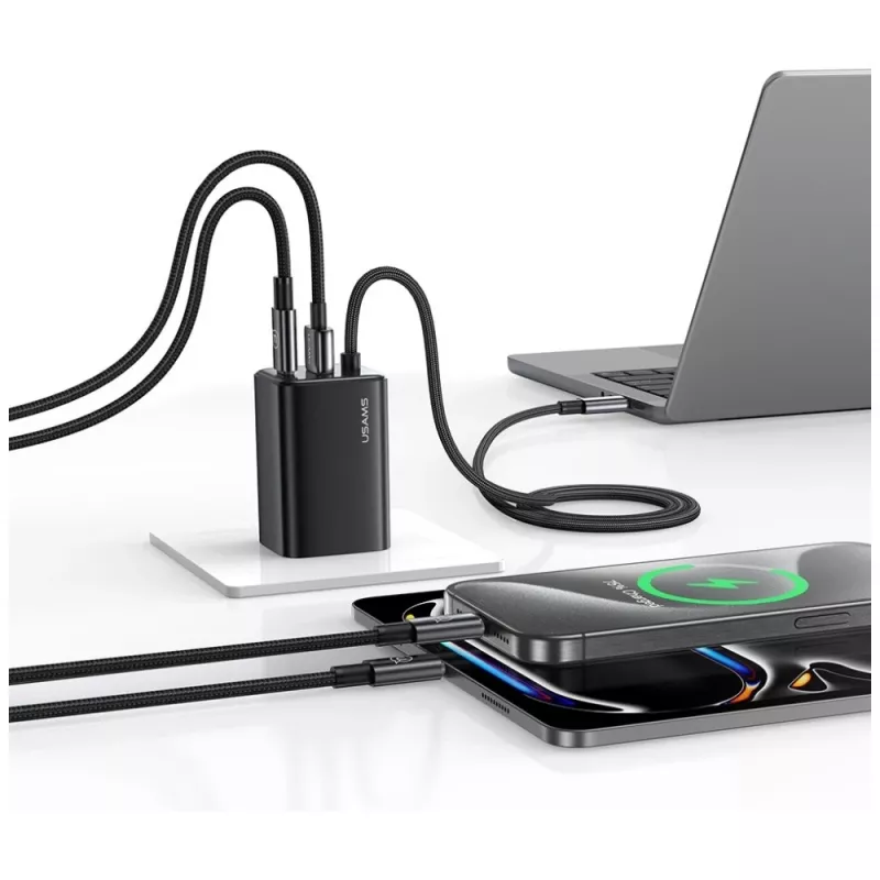 USAMS JC Series CC266 65W GaN Fast Charger with Built-in USB-C Cable, Black