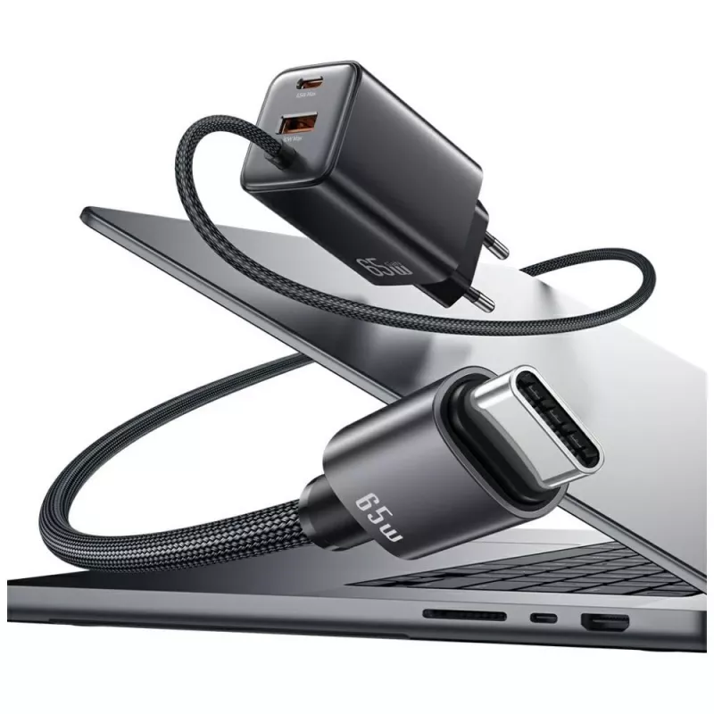 USAMS JC Series CC266 65W GaN Fast Charger with Built-in USB-C Cable, Black