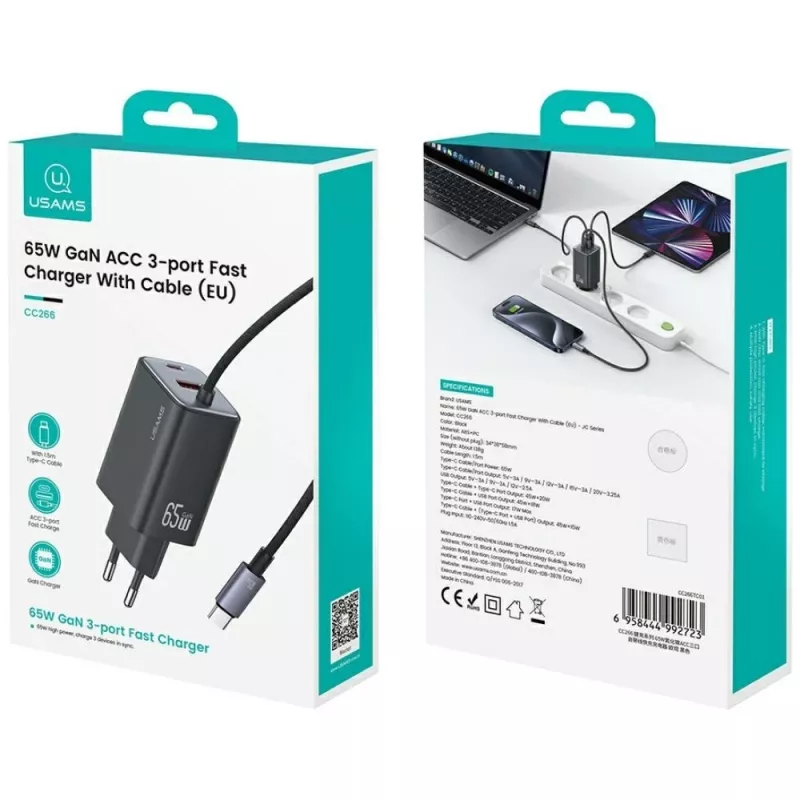 USAMS JC Series CC266 65W GaN Fast Charger with Built-in USB-C Cable, Black