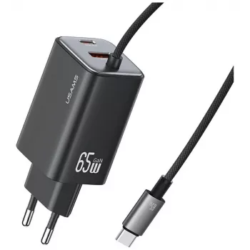 USAMS JC Series CC266 65W GaN Fast Charger with Built-in USB-C Cable, Black