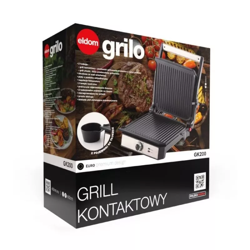ELDOM GK200 GRILO Contact Grill 2000W Adjustable Thermostat Non-Stick Plates Black/Silver