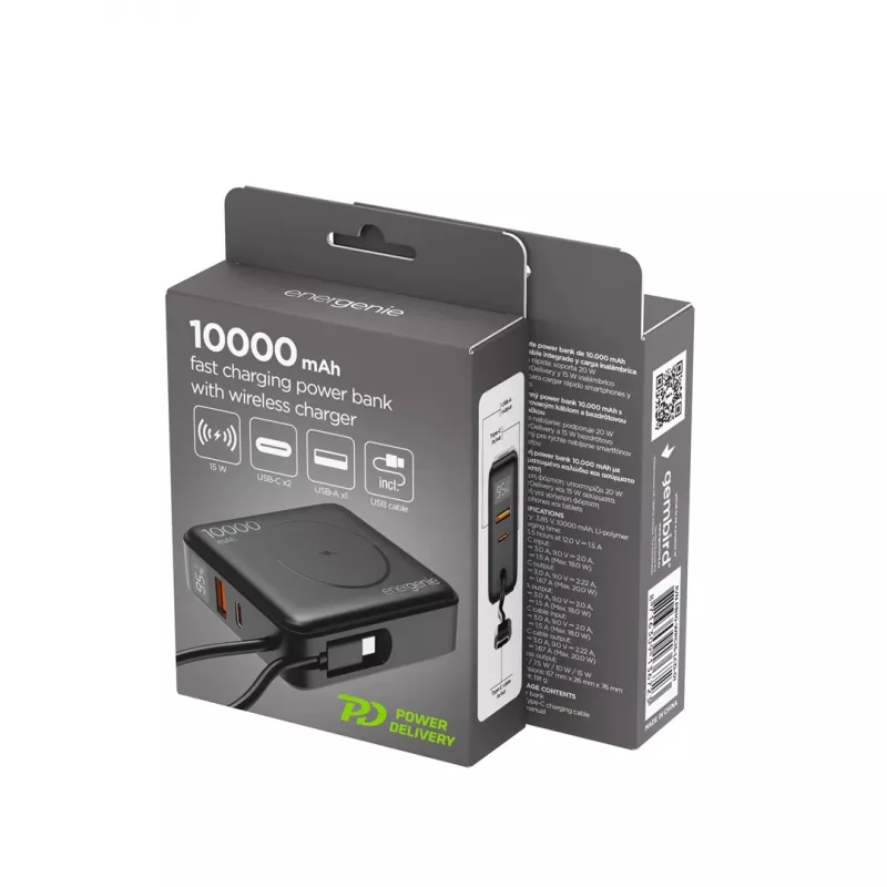 Gembird PB10-WPC15-LCD-01 Fast Charging Power Bank with Wireless Charger, 20W, 10000 mAh, Black