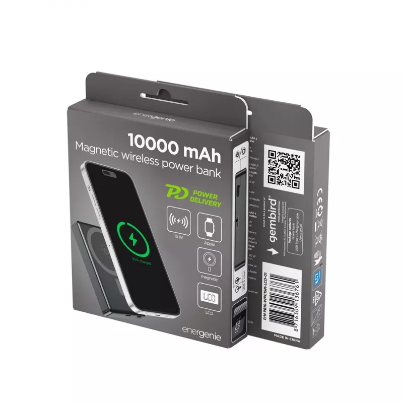 Gembird PB10-WPC15M-LCD-01 Magnetic Wireless Power Bank with LCD, 15W, 10000 mAh, Black
