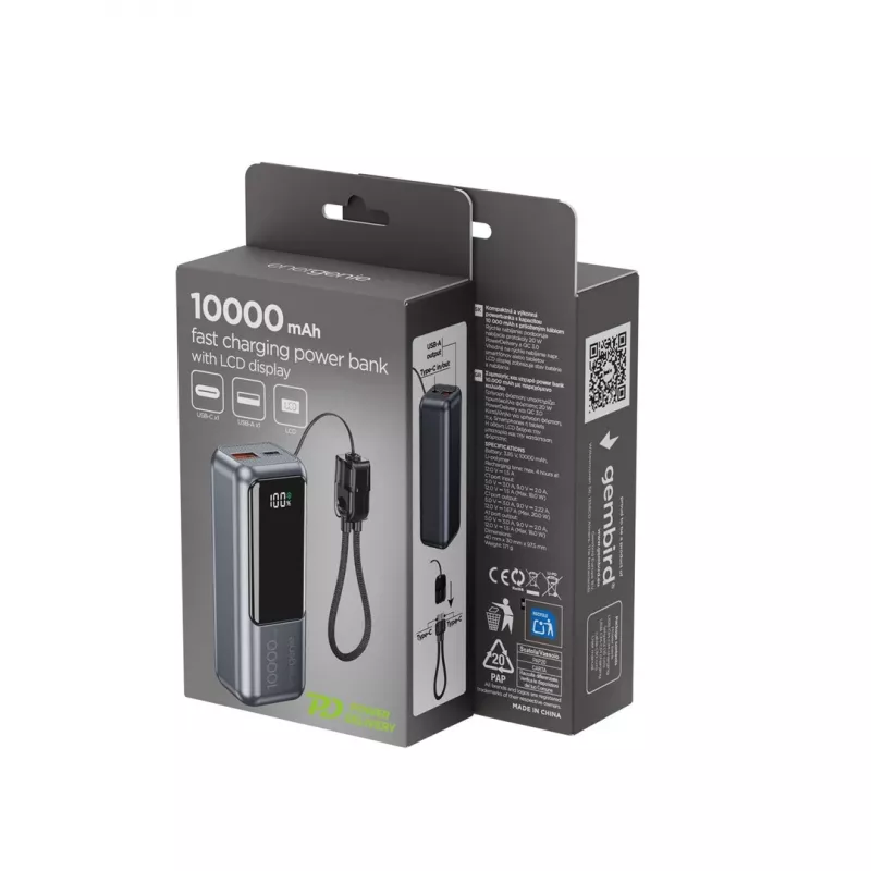 Gembird PB10-PD20-LCD-02 Compact Fast Charging Power Bank with LCD Display, 20W, 10000 mAh, Space Grey