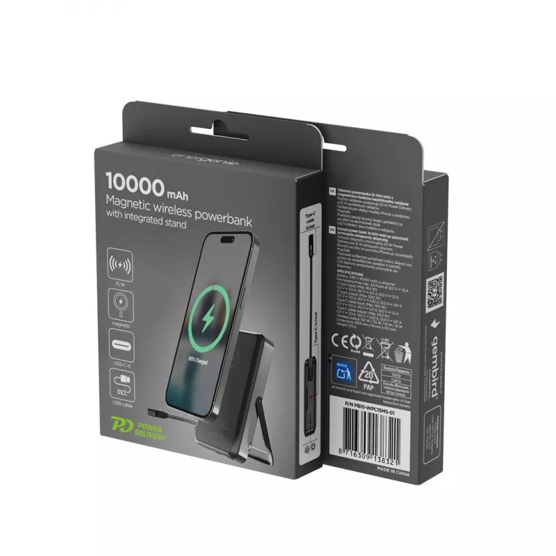 Gembird PB10-WPC15MS-01 Magnetic Wireless Powerbank with Integrated Stand, 15W, 10000 mAh, Black