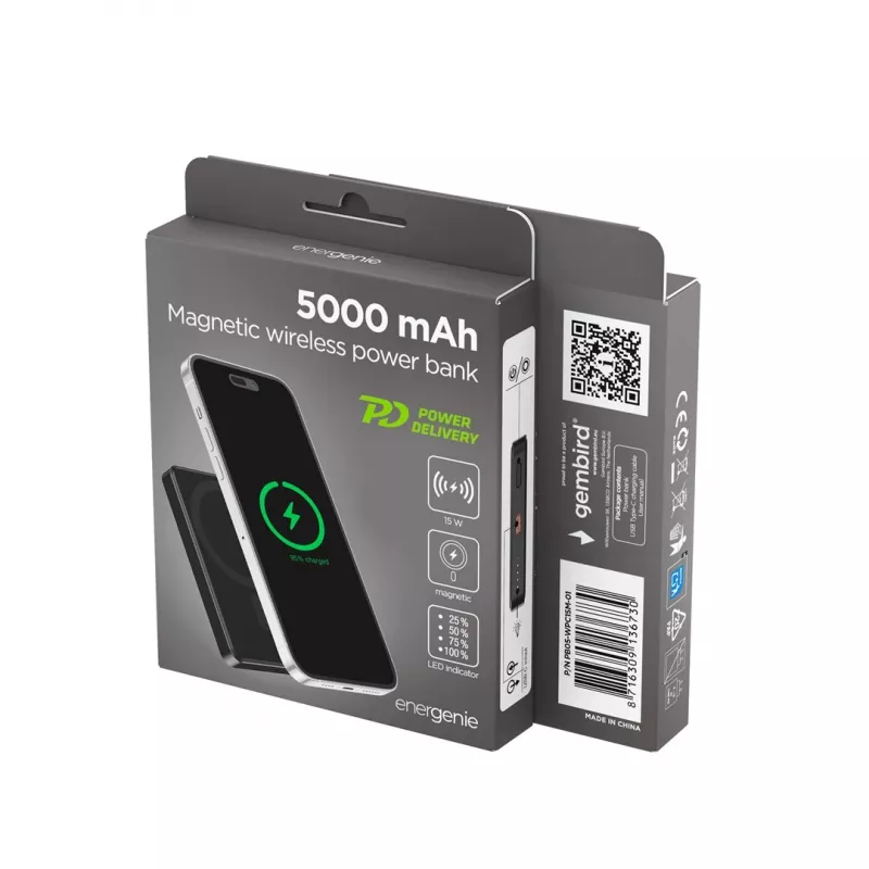 Gembird PB05-WPC15M-01 Magnetic Wireless Power Bank 15W, 5000mAh, Black