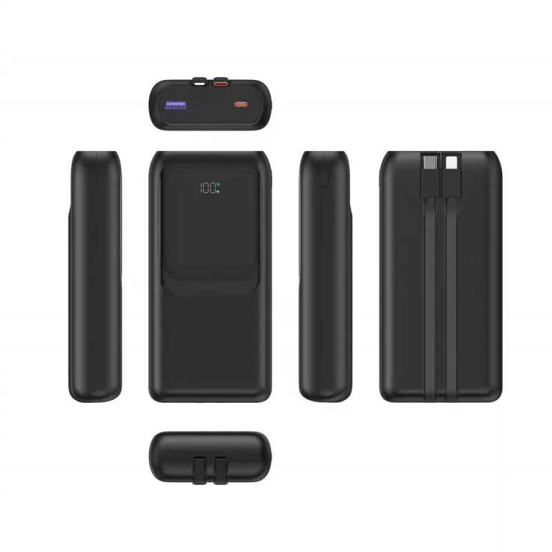 Gembird PB20-PD20-LCD-01 Fast Charging Power Bank with Integrated Cables, 20W, 20000 mAh, Black