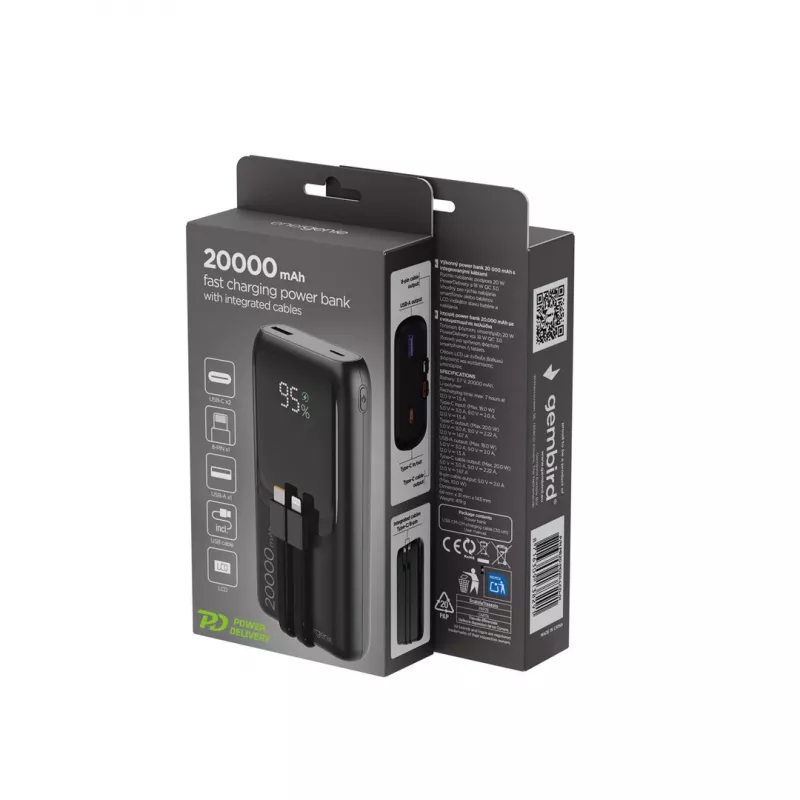 Gembird PB20-PD20-LCD-01 Fast Charging Power Bank with Integrated Cables, 20W, 20000 mAh, Black