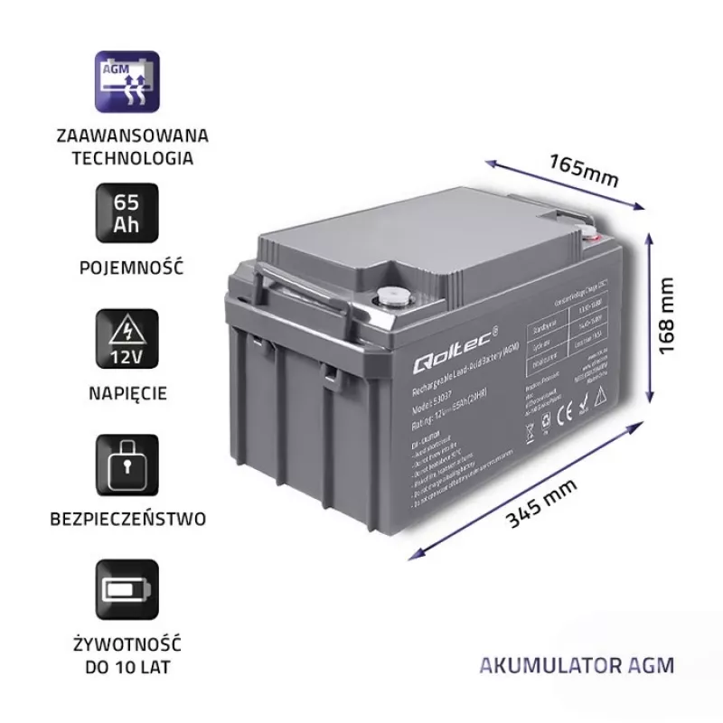 Qoltec 53037 AGM Battery 12V 65Ah max 780A