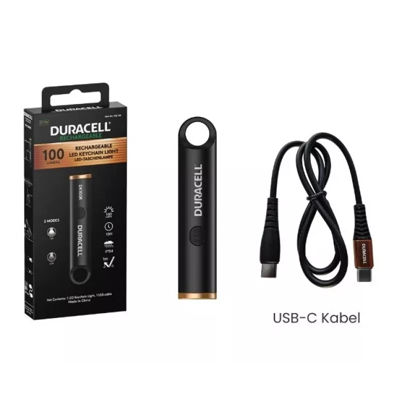 Duracell DK100R Keychain Flashlight 100 Lumens Rechargeable Black