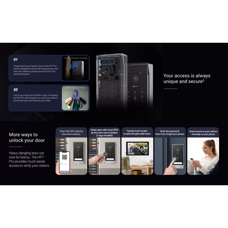 EZVIZ HP7 Pro 4K IP Video Intercom Kit with 7-Inch Touchscreen Monitor, Wi-Fi 6, Palm Scanner, Face Recognition, RFID, IP65 Door Station