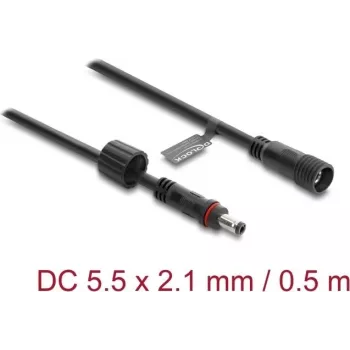 Delock DC Extension Cable 5.5 x 2.1 mm Plug to Jack with M12 x 1.75 mm Screw Lock Waterproof 18 AWG, 0.5 m Black