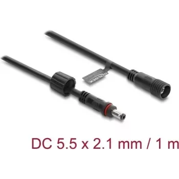 Delock DC Extension Cable 5.5 x 2.1 mm Plug to Socket with Screw Lock M12 x 1.75 mm Thread Waterproof 18 AWG, 1 m Black