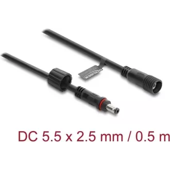 Delock DC Extension Cable 5.5 x 2.5 mm Male to Female with Screw Lock M12 x 1.75 mm Thread Waterproof 18 AWG, 0.5 m Black (67385)
