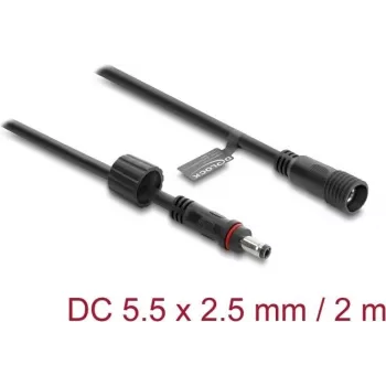 Delock DC Extension Cable 5.5 x 2.5 mm Plug to Jack with Screw Lock M12 x 1.75 mm Thread Waterproof 18 AWG, 2 m Black