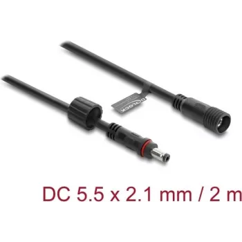 Delock DC Extension Cable 5.5 x 2.1 mm Plug to Socket with Screw Lock M12 x 1.75 mm Thread Waterproof 18 AWG, 2 m Black (67384)