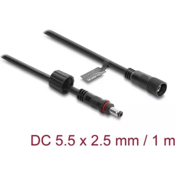 Delock DC Extension Cable 5.5 x 2.5 mm Plug to Jack with Screw Lock M12 x 1.75 mm Thread Waterproof 18 AWG, 1 m Black (67386)