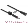 Delock DC Extension Cable 5.5 x 2.5 mm Plug to Jack with Screw Lock M12 x 1.75 mm Thread Waterproof 18 AWG, 1 m Black (67386)