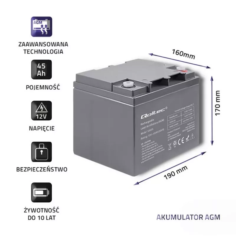 Qoltec 53035 AGM Battery 12V 45Ah 540A