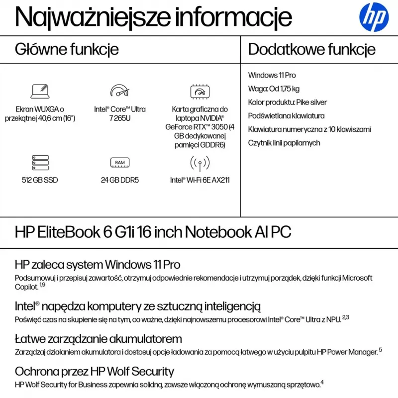 HP EliteBook 6 G1i 16 inch Ultra 7 265U 24GB DDR5 512GB SSD Windows 11 Pro Pike Silver Aluminium 3Y OnSite