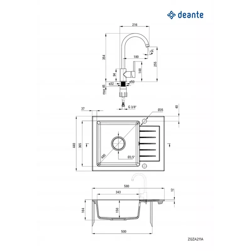 Deante Granite Sink with Mixer Tap 1-Bowl Sink with Drainer Graphite Chrome Zorba