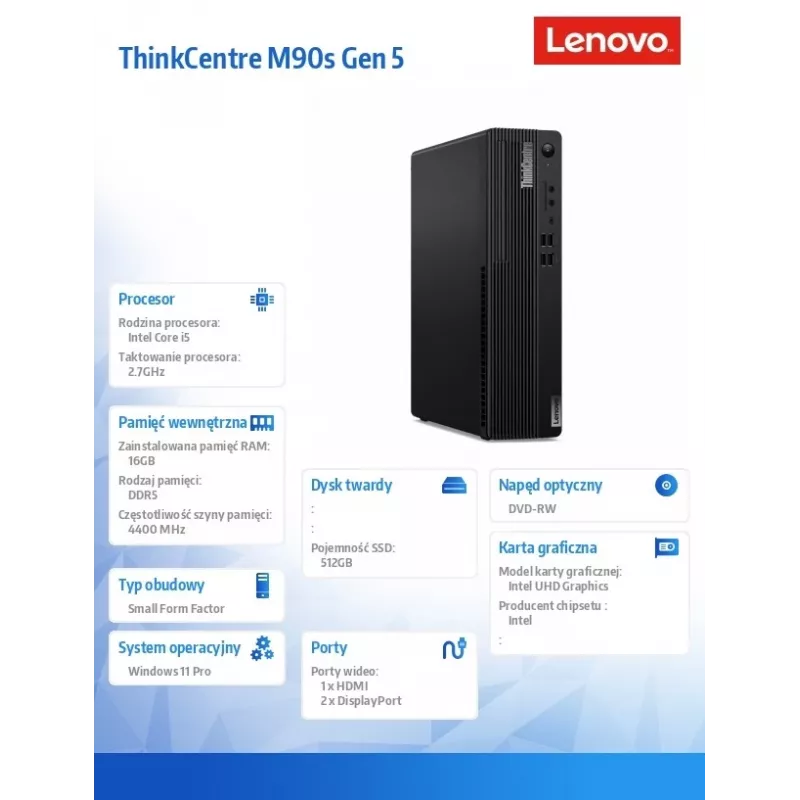 Lenovo ThinkCentre M90s Gen 5 SFF Desktop PC, Intel Core i5-14600, 16GB DDR5, 512GB SSD, DVD-RW, Wi-Fi, Bluetooth, Windows 11 Pro, Black, 3Y Onsite + 1Y Premier Support