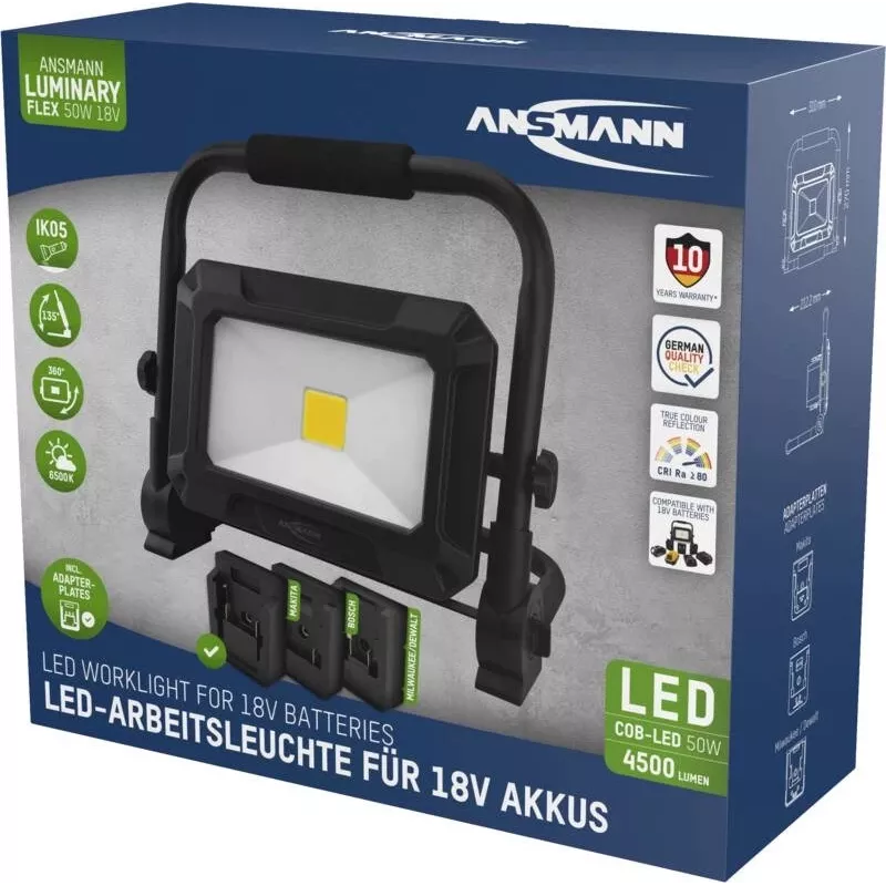 ANSMANN 1600-0713 LED Spotlight FL50W 18V Power Tool Battery Packs incl. Adapter Plates