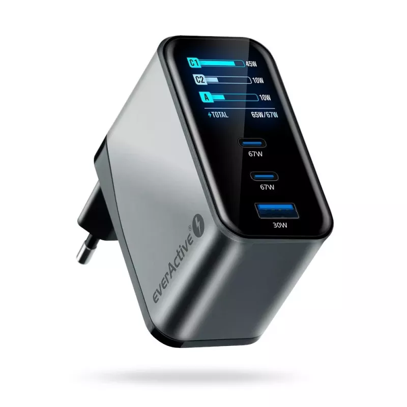 EVERACTIVE SC-670Q GaN 67W USB-C Charger with 2x USB-C and 1x USB-A, Quick Charge 4+, PD 3.0, Black