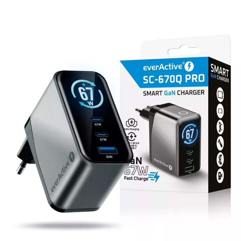 EVERACTIVE SC-670Q GaN 67W USB-C Charger with 2x USB-C and 1x USB-A, Quick Charge 4+, PD 3.0, Black